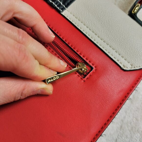 ALDO Colorblock Top Handle Satchel | Red White Black Gold Chain Detail - Picture 7 of 10